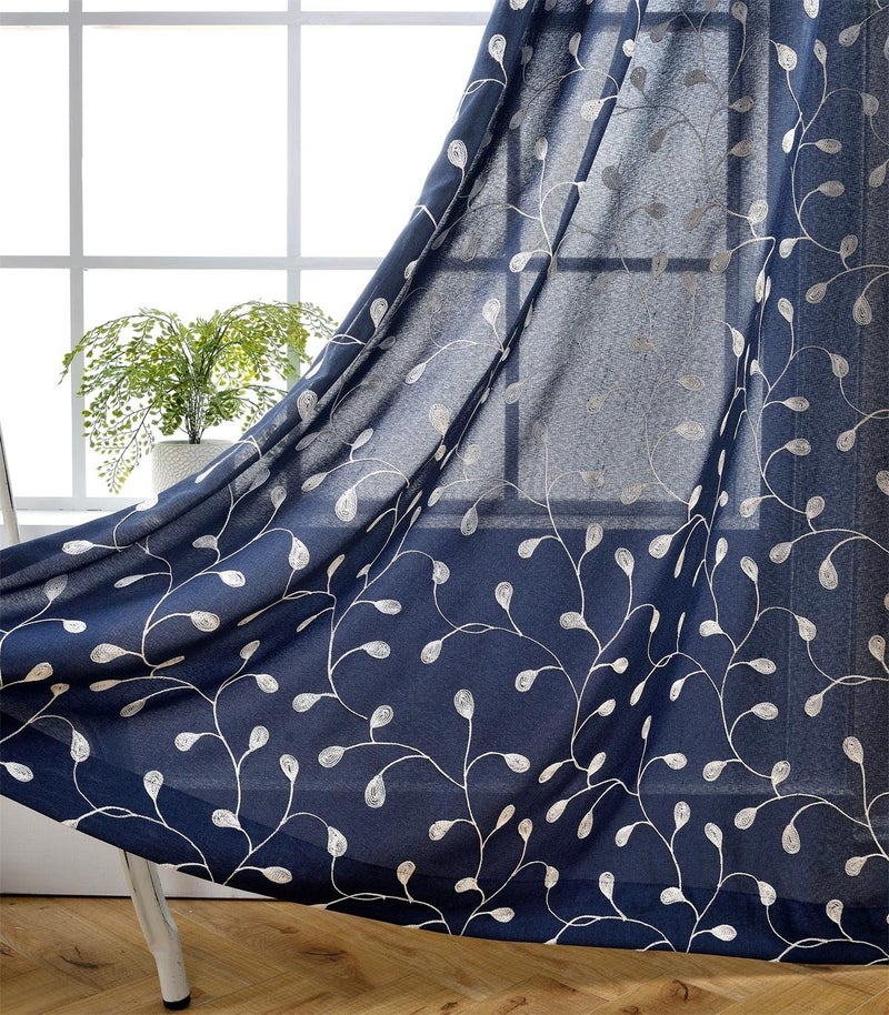 MIUCO Floral Embroidered Semi Sheer Curtains Faux Linen Grommet Curtains for Bedroom 52 x 84 Inch 2 Panels, Navy Blue - Image 1